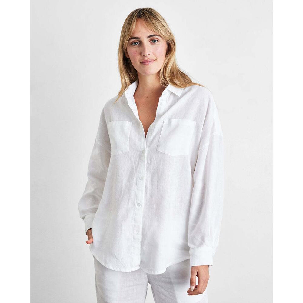 Bed Threads White 100% French Flax Linen Long Sleeve Shirt - S - White